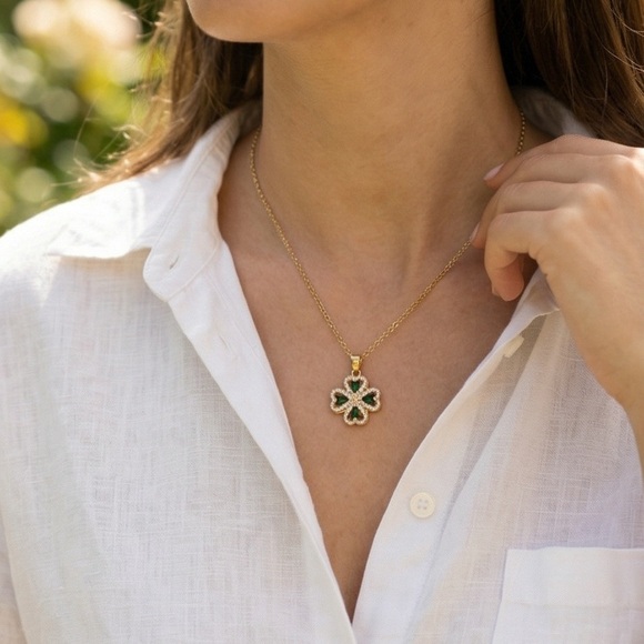 Jewelry - Elegant Gold Necklace with Four Leaf Pendant with Green Stones